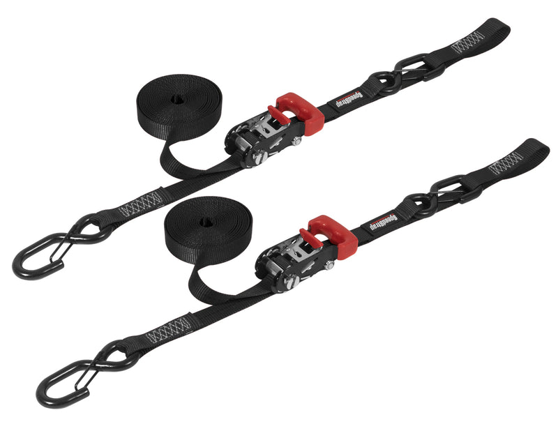 1″ x 15′ Ratchet Tie Down w/ Snap ‘S’ Hooks and Soft Tie (2 Pack) | Black